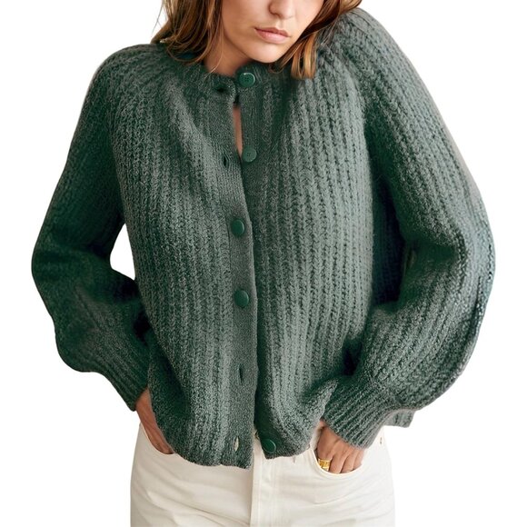 Jackets & Blazers - Women's Knit Cardigan Long Sleeve Crewneck Button Casual Sweater